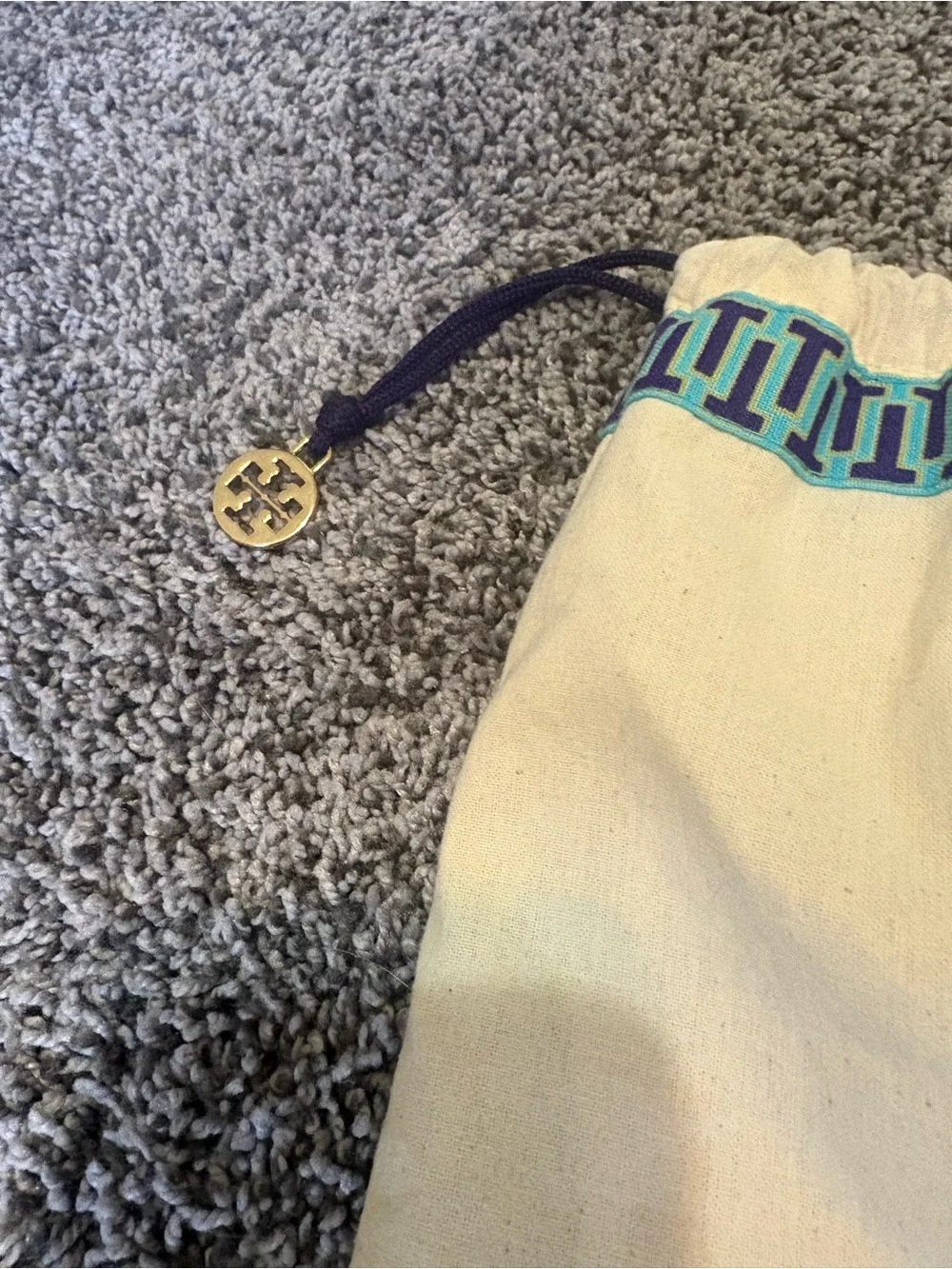 New Tory Burch Cream Drawstring Dust Bag Blue Trim